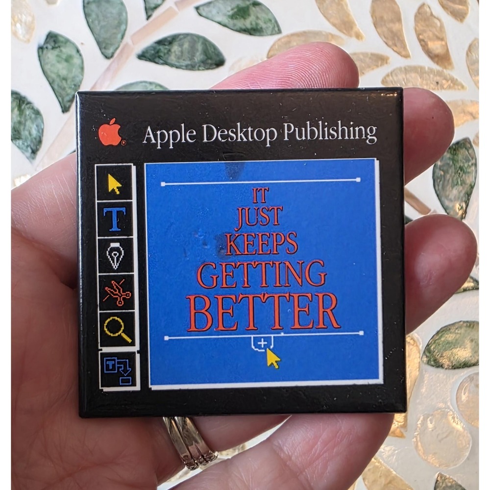 Original Vintage 80s Apple Desktop Publishing Promotional Square Pin Back Button